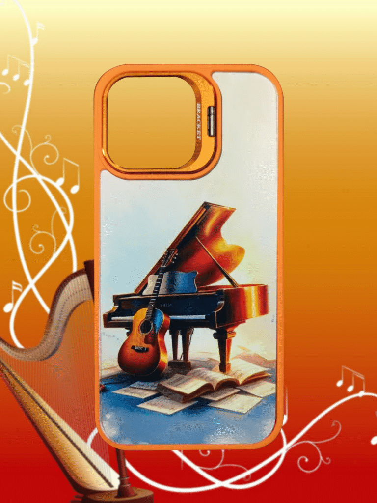 Music-themed phone case with piano and guitar printed by CH03 UV flatbed printer