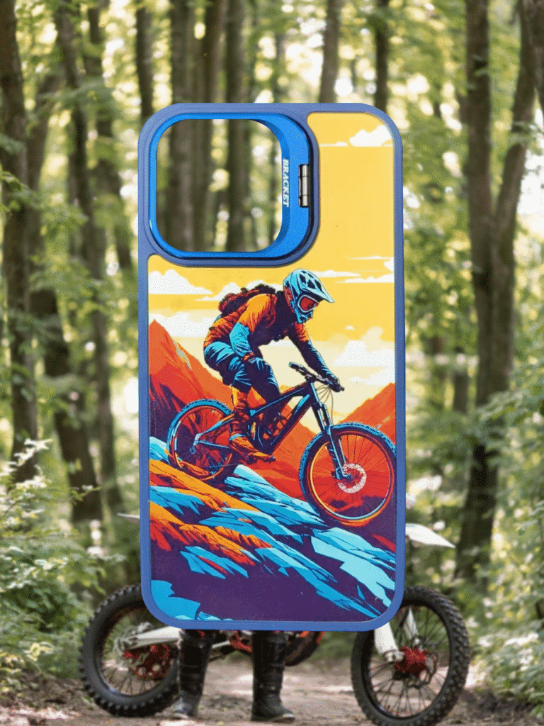 Mountain biking phone case printing sample using CH03 UV flatbed printer with vibrant forest scene