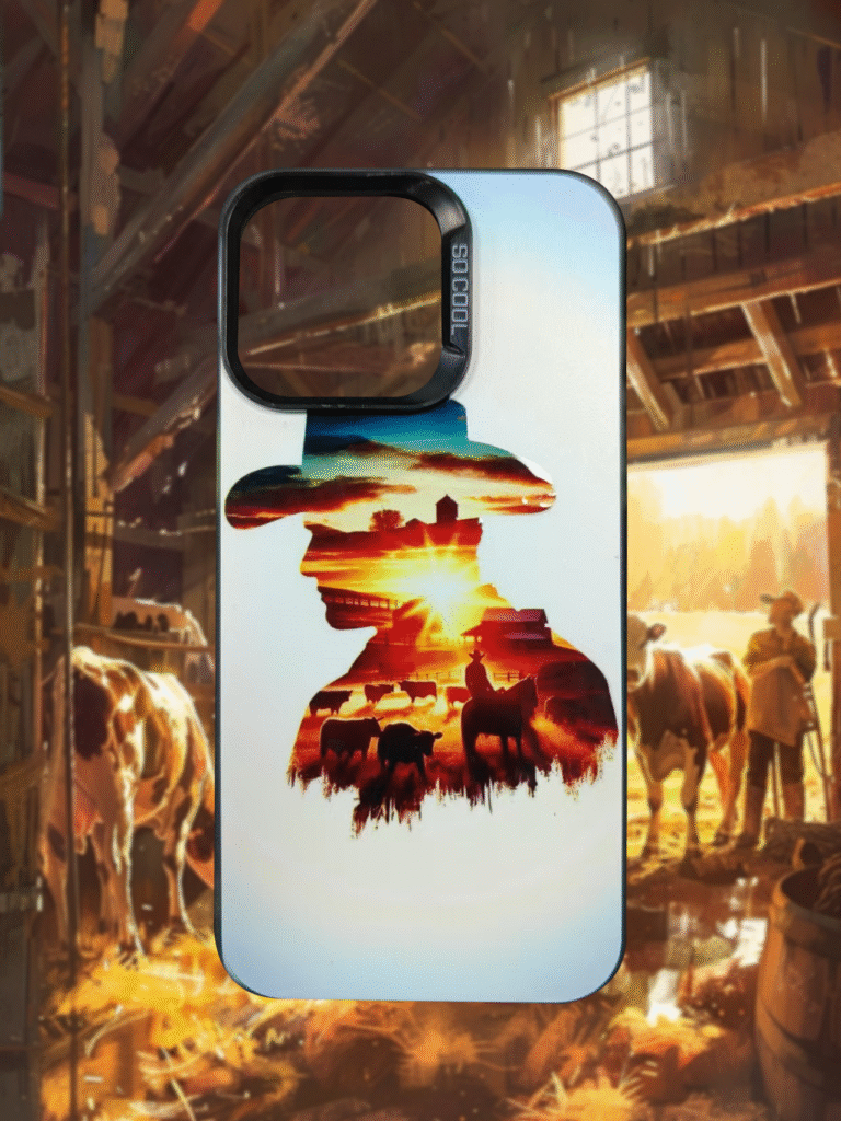 Western sunset phone case printed by CH03 UV printer with cowboy, horse, and cattle silhouette design