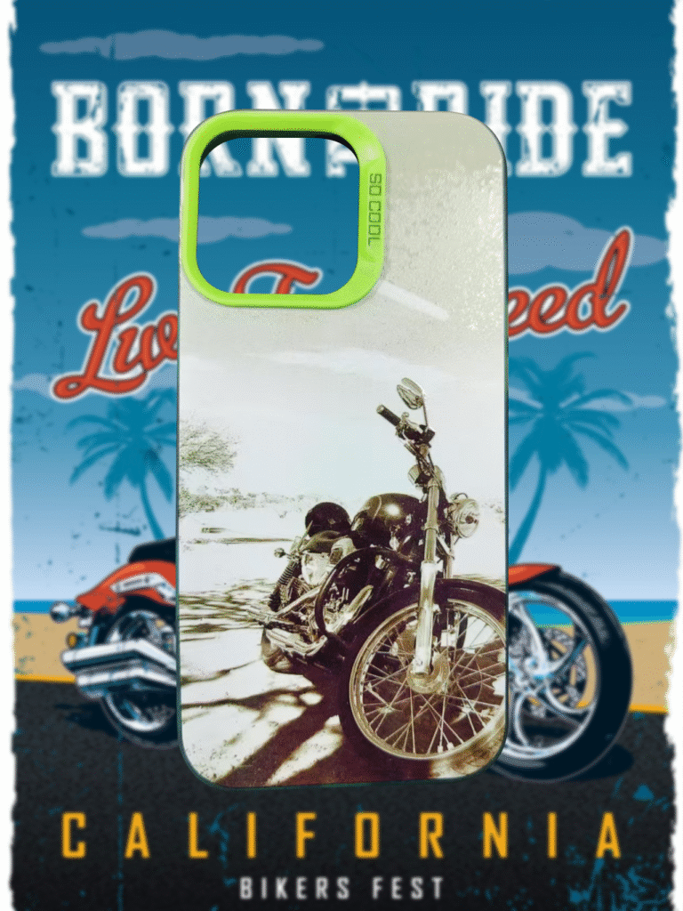 UV printed phone case sample with cartoon biker in forest background using CH03 flatbed printer