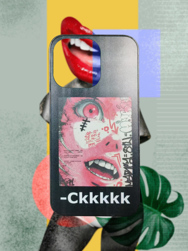 Anime-style phone case printed by CH03 UV printer with bold colors and graphic detail