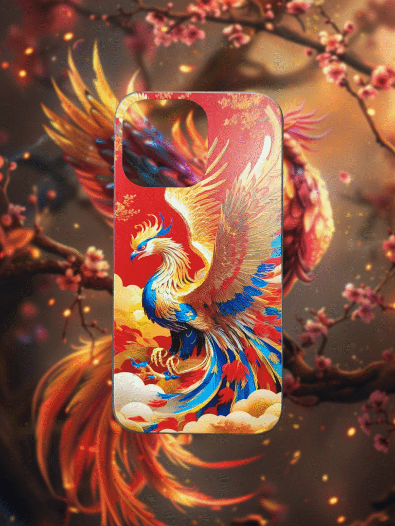 Colorful phoenix phone case printed by CH03 UV flatbed printer, showing vivid color layering