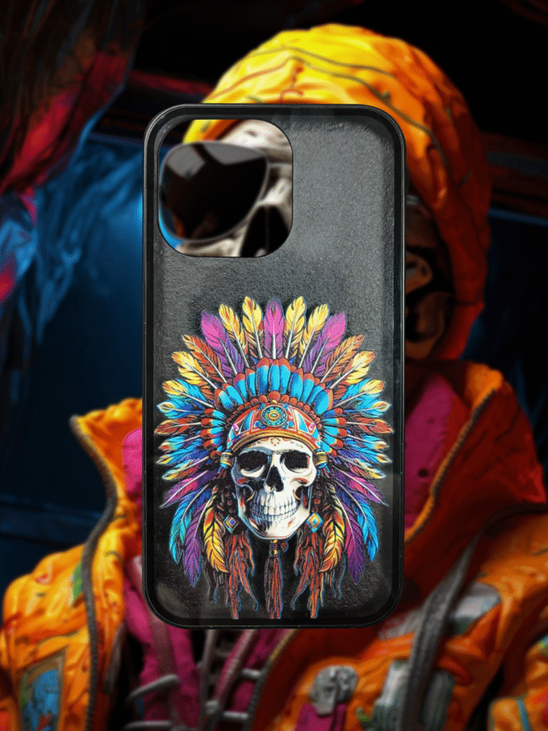 UV phone case printing sample with skull and feather headdress design using UV flatbed printer